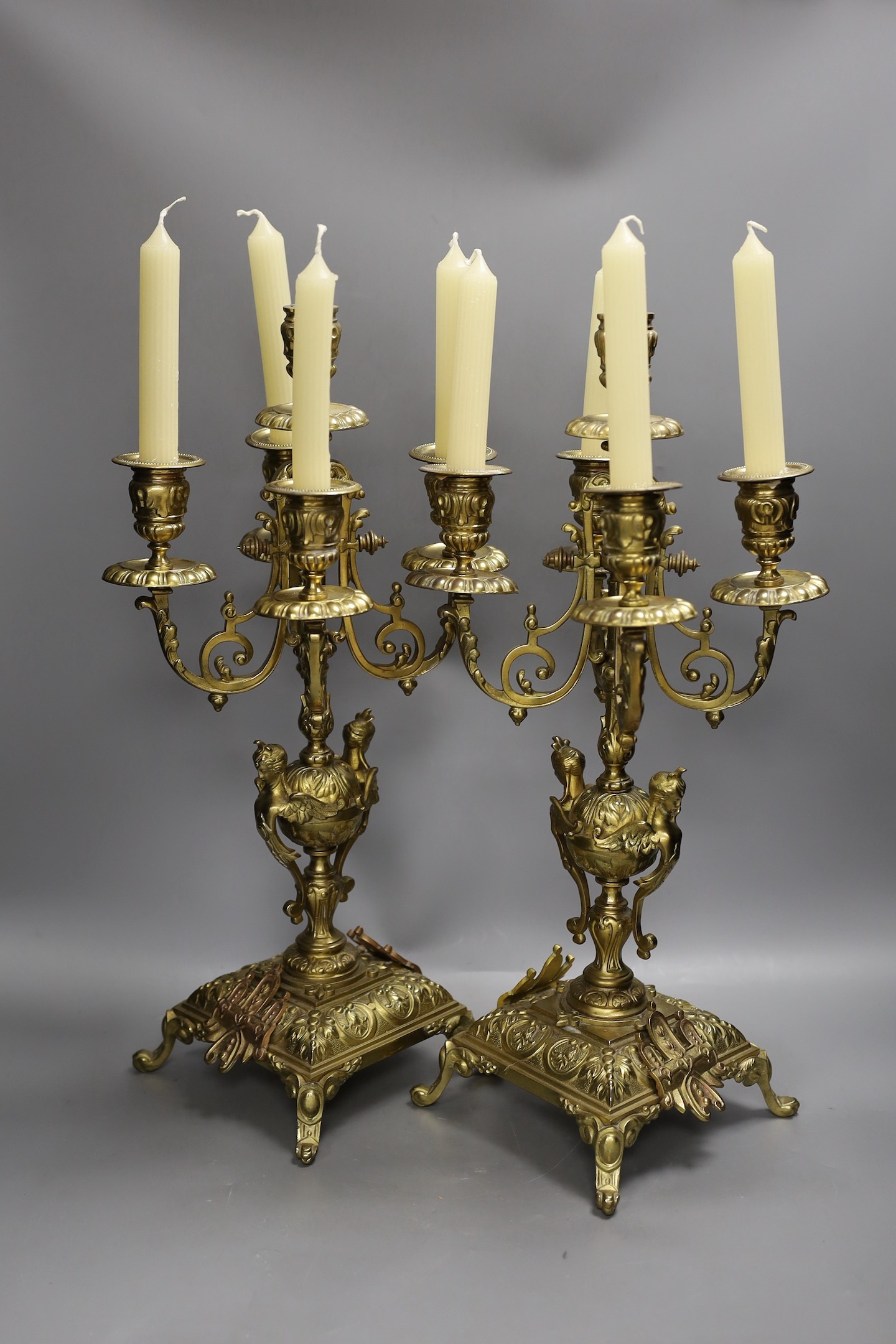 A pair of ormolu five light candelabra,49cms high